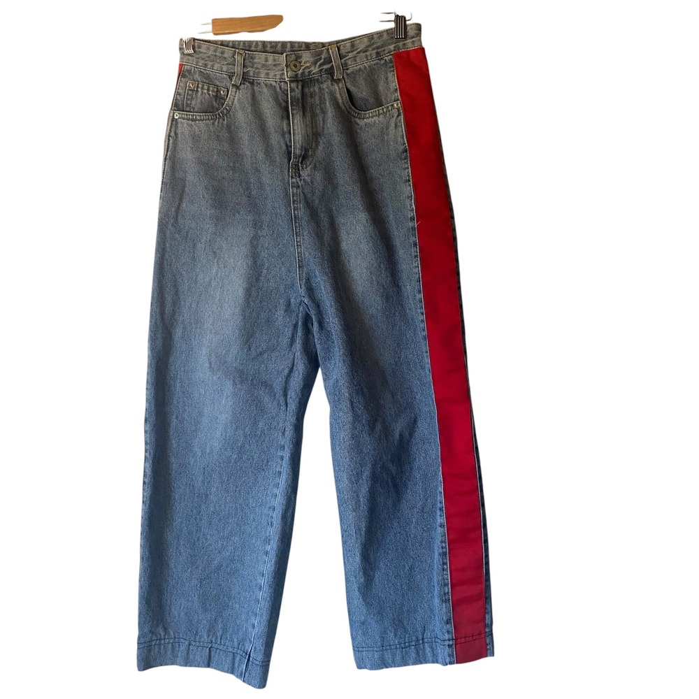 New Vogue Women Blue Denim Jeans Red Side Stripe Wide Leg 90s Y2K Size 29 XL